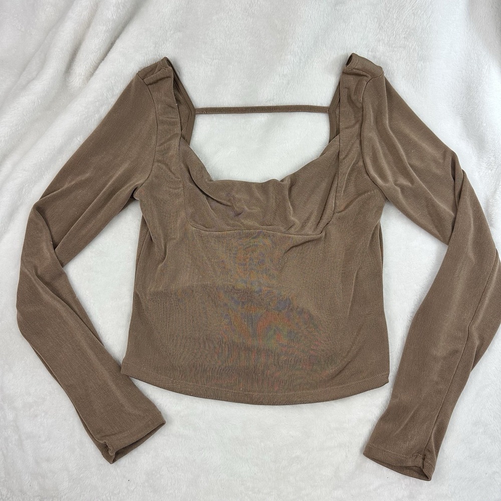 Urban Romantics Womens‎ Top S Brown Long Sleeve Square Neck Blouse Top Cropped